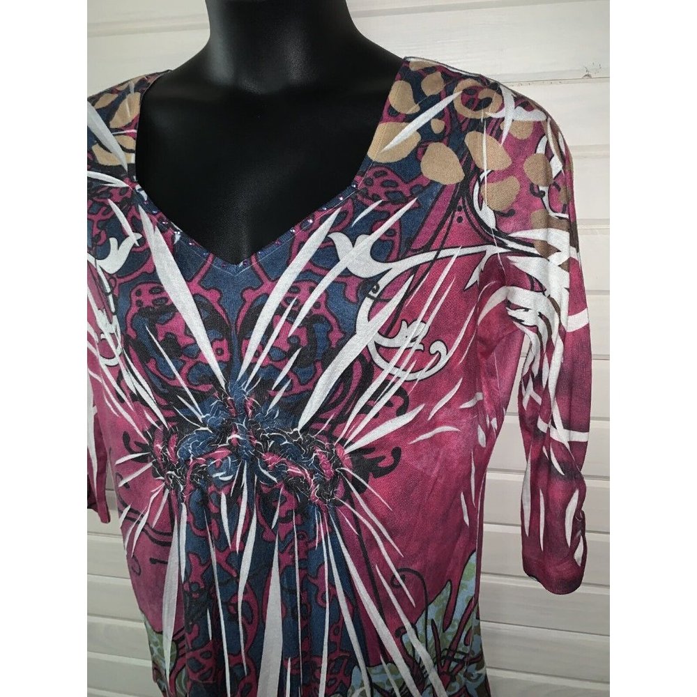 UNITY WORLD WEAR Sz PLUS 1X Tunic Top Studded 3/4 Sleeve V-Neck Knit Pink EUC
